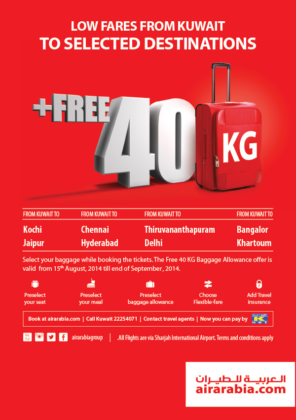 Low fares from Kuwait to selected destinations with 40 KG free baggage allowance