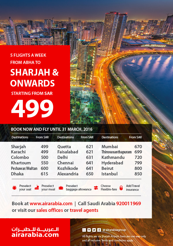 5 flights a week from Abha to Sharjah & onwards starting from SAR 499!