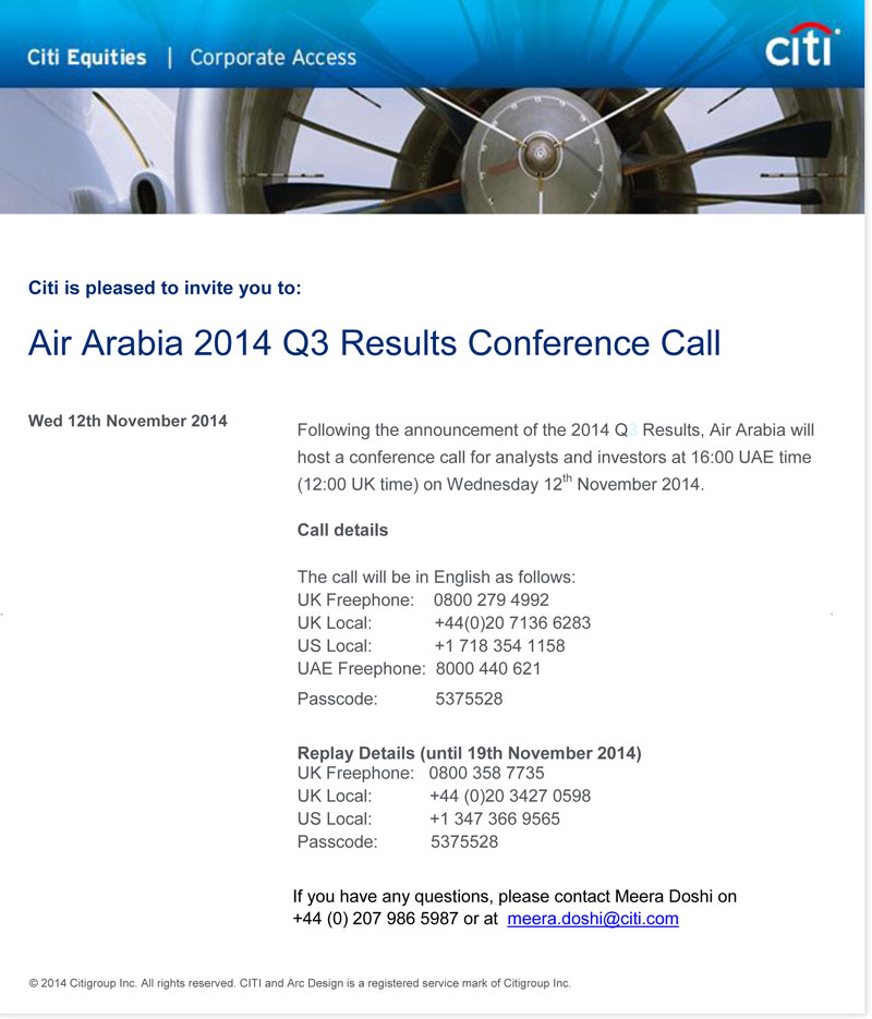 Air Arabia 2014 Q3 Results Conference Call