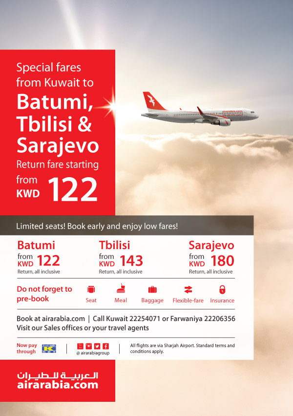 Special return fares to Batumi, Tbilisi & Sarajevo from KWD 122