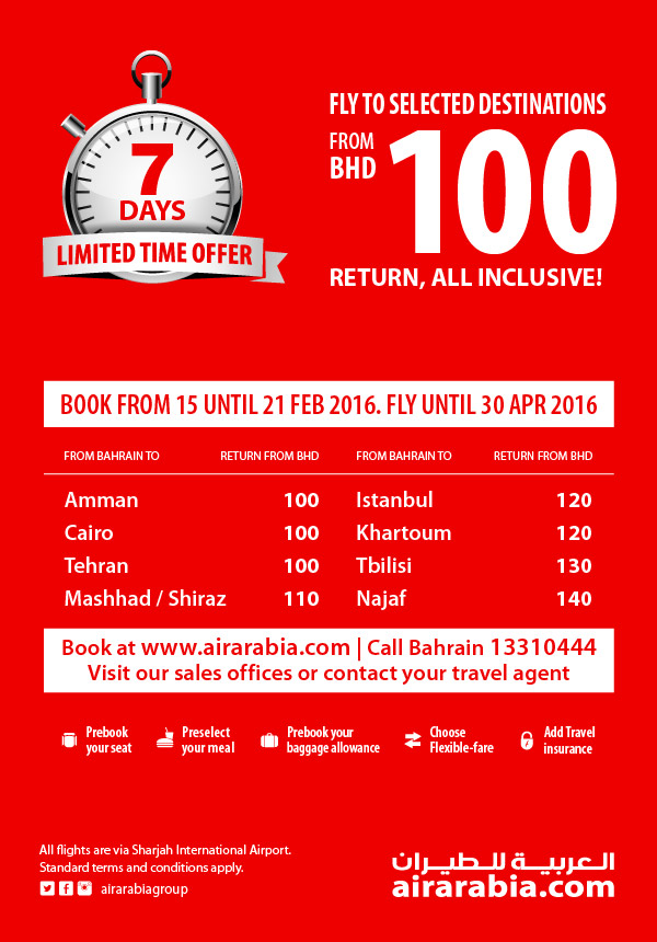 7 Days Offer: Fly To Selected Destinations From BHD 100