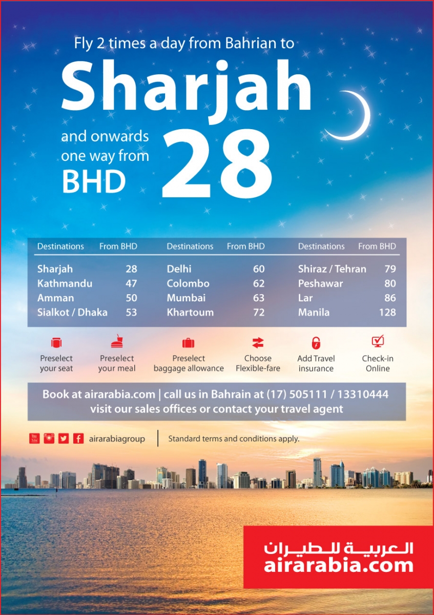 Fly 2 times a day from Bahrain to Sharjah and onwards from BHD 28 one way all inclusive!