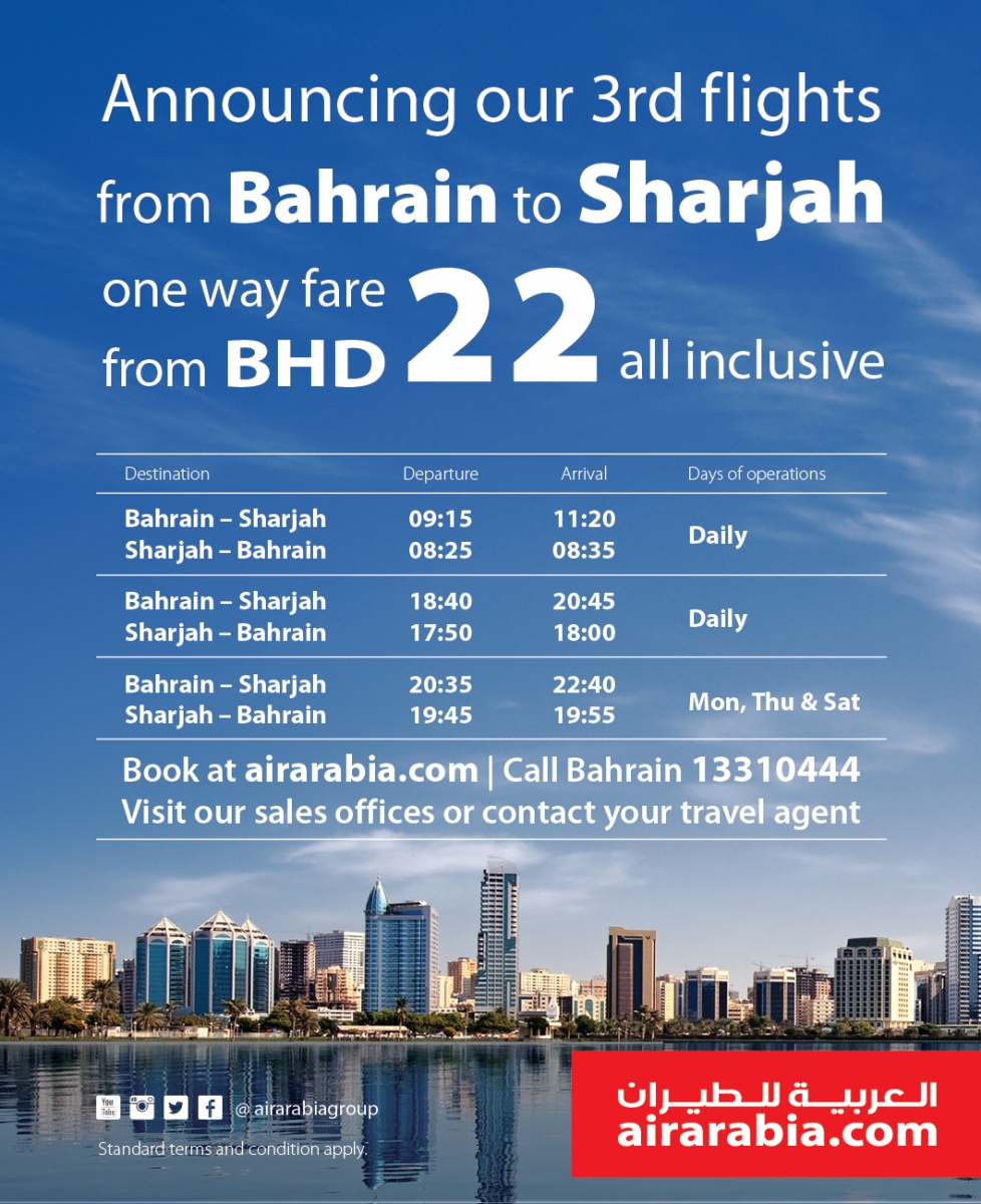 Announcing our 3rd flights from Bahrain to Sharjah one way fare from BHD 22 all inclusive