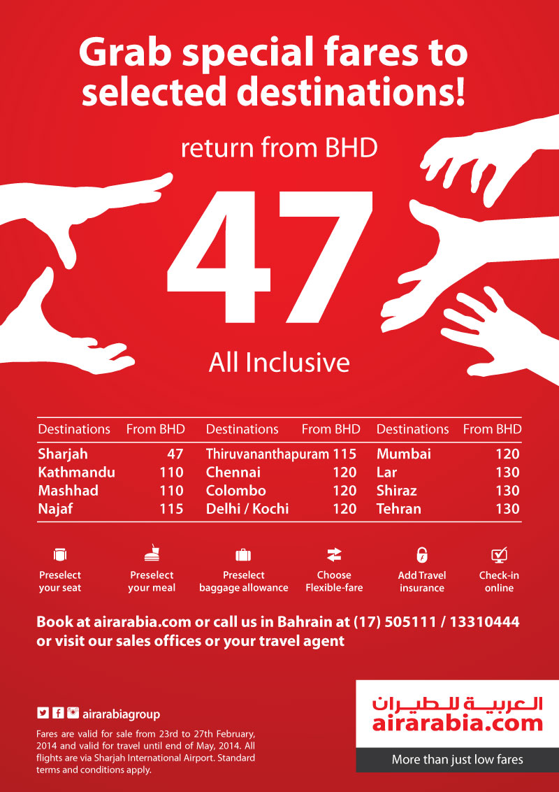 Special return fares from BHD  47