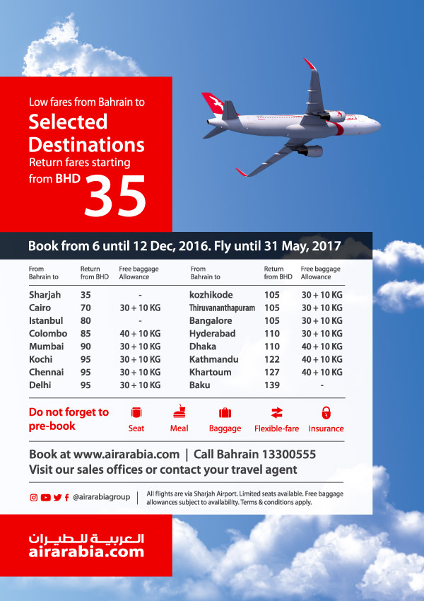 Low fares from Bahrain to selected destinations 