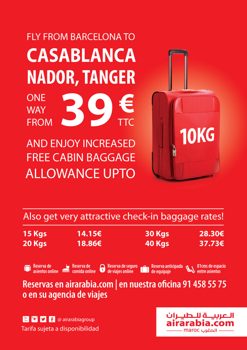 Fly from Barcelona to Casablanca, Nador and Tangier one way from 39 EUR all inclusive with free 10 KG cabin baggage allowance!