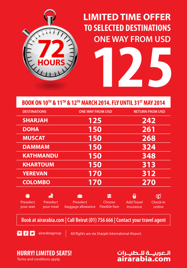 72 hour limited time offer from Beirut to Sharjah and onwards from USD 125 one way all inclusive