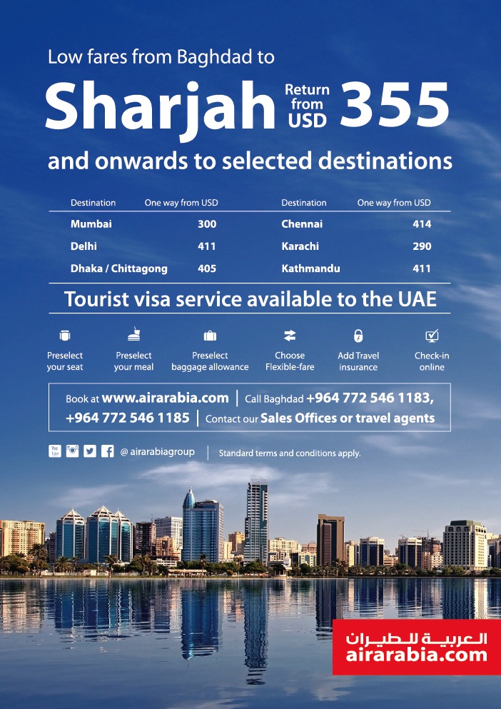 Low fares from Baghdad to Sharjah and onwards to selected destinations from USD 355