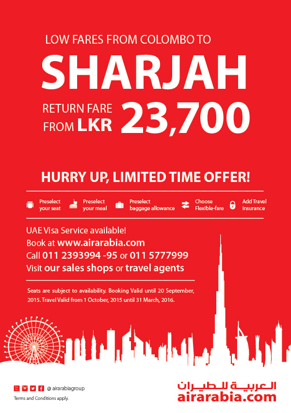 Colombo to Sharjah return fare from LKR 23,700, all inclusive!