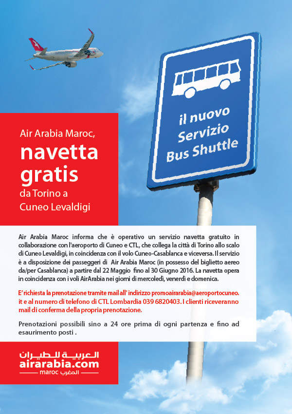 Air Arabia Maroc, navetta gratis da Torino Cuneo Levaldigi