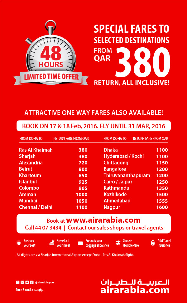 48 Hrs Offer: Special fares starting QAR 380, return