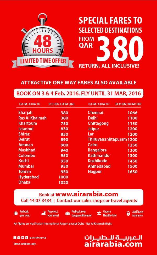 Special fares to selected destinations from QAR 380 return, all inclusive