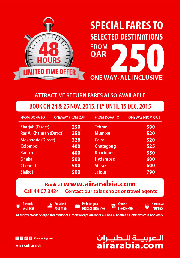 Limited Time Offer - Special Fares to Selected destinations from QAR 250 one way, all inclusive!