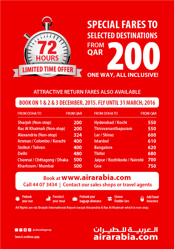 Special fares to selected destinations from QAR 200 one way, all inclusive!