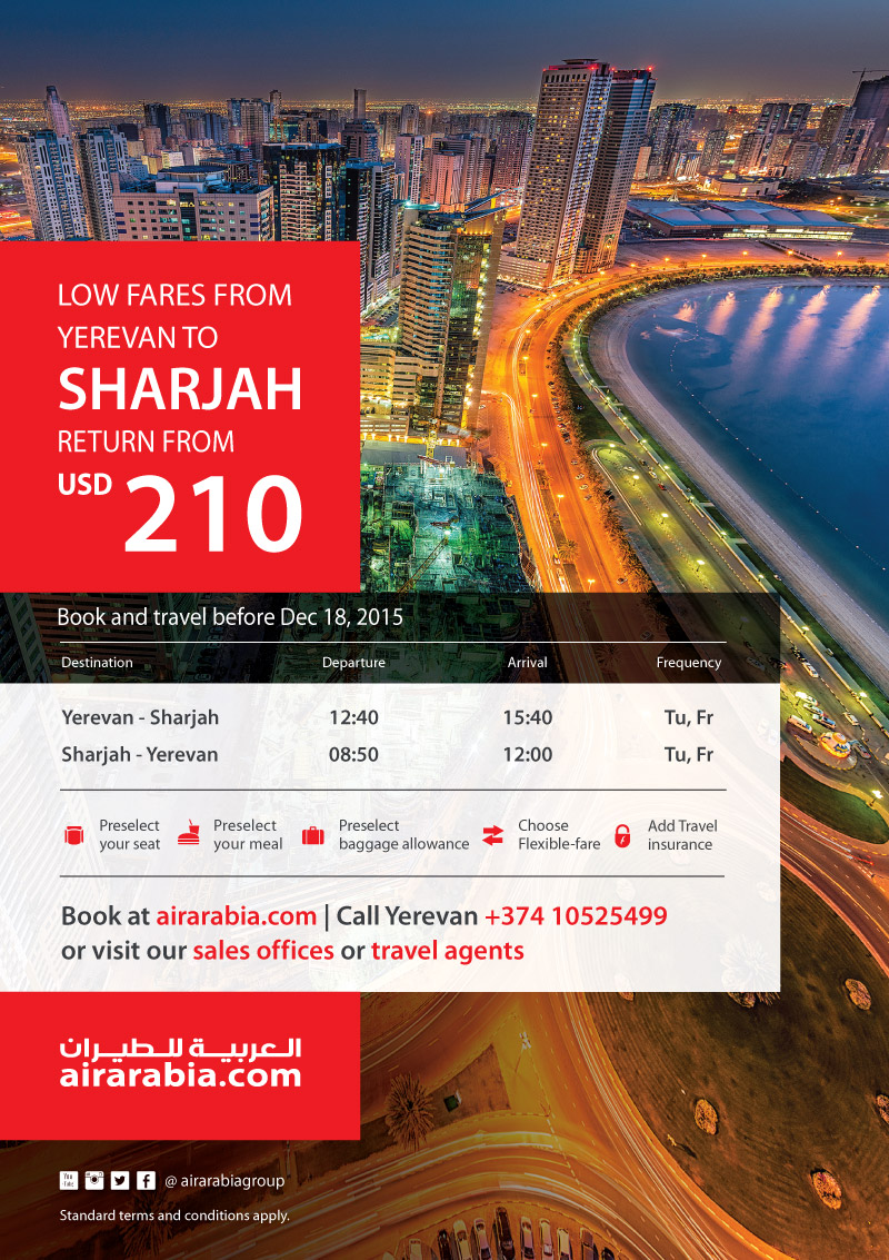 Low fares from Yerevan to Sharjah return from USD 210, all inclusive!