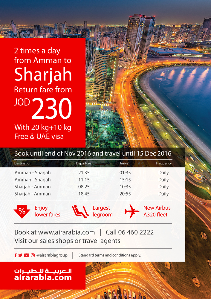 Fly from Amman to Sharjah starting from JOD 230 return + Free Baggage & UAE Visa