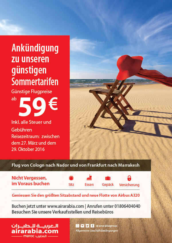Air Arabia gibt hiermit bekannt, dass die Sommerflüge 2016 buchbar sind.