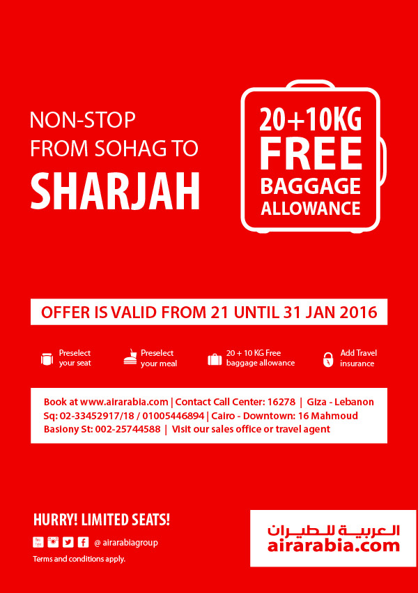 Non-stop from Sohag to Sharjah, 20 + 10 Kg free baggage!