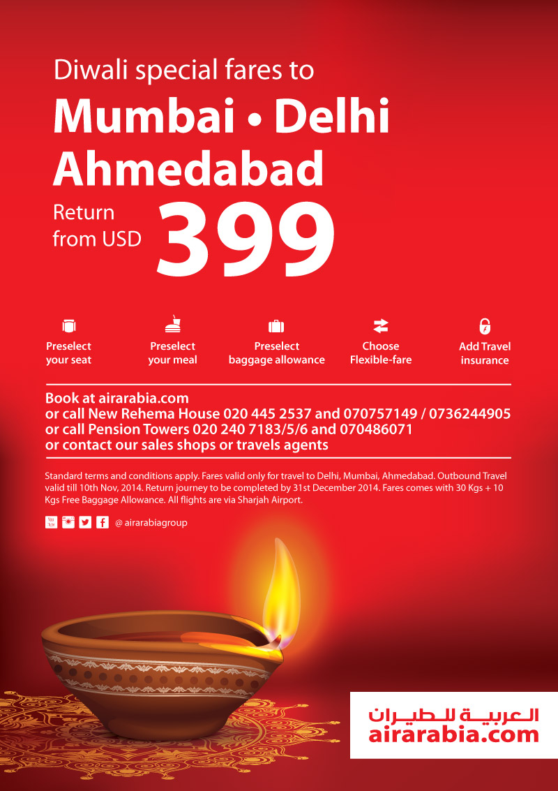 Diwali special fares to Ahmedabad, Delhi and Mumbai return from USD 399!