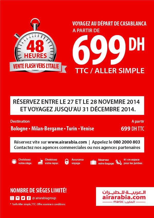 Profitez de l'offre flash 48h d'Air Arabia Maroc et voyagez vers Bologne, Milan-Bergamo, Turin et Venise en Italie au départ de Casablanca à partir de 699 Dh Aller Simple TTC