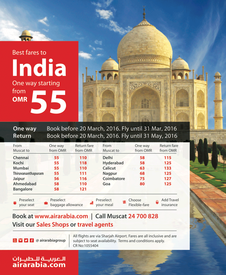 Best fares from Muscat to India starting fare OMR 55, one way!