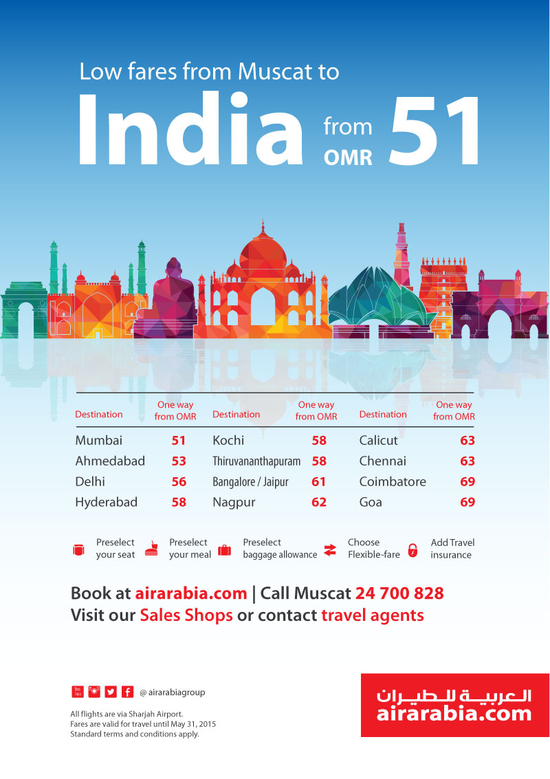 Low fares from Muscat to India from OMR 51