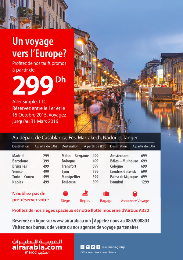 L'Europe à partir de 299 Dh TTC/aller simple, réservez maintenant!