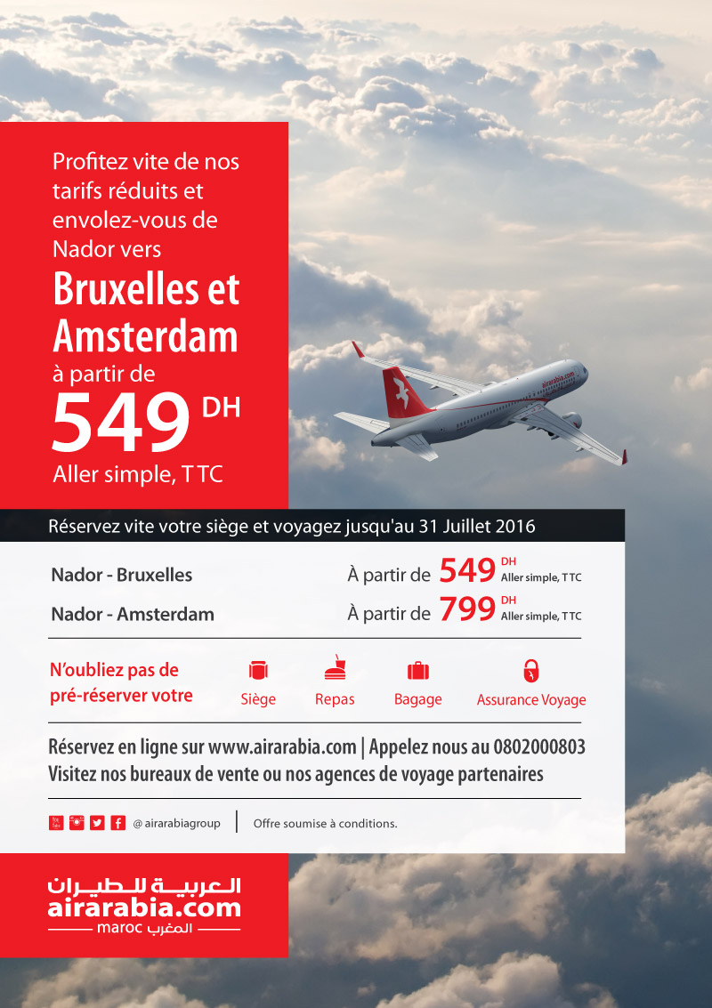 Nador vers Bruxelles et Amsterdam à partir de 549 Dh