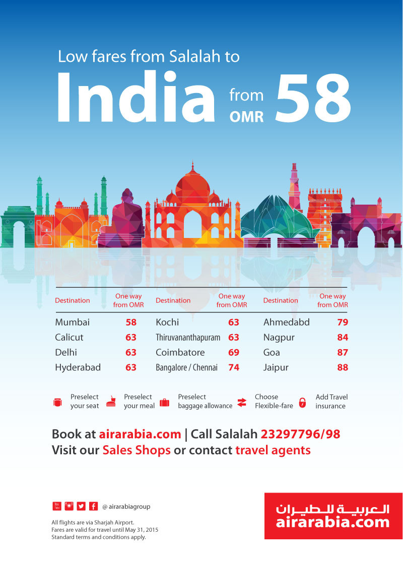 Low fares from Salalah to India from OMR 58 one way all inclusive!