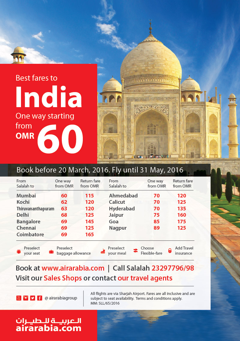 Best fares from Salalah to India starting fare OMR 60, one way!