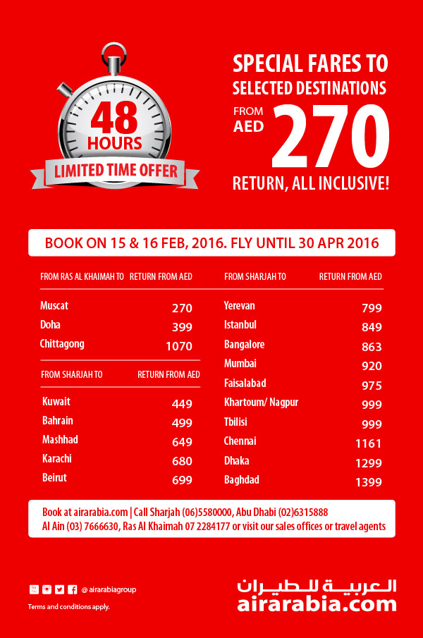 48 hrs offer - special fares from UAE starting AED 270